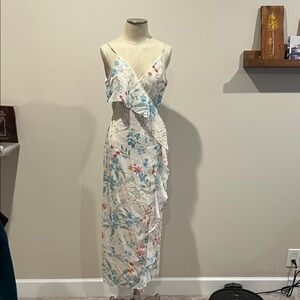 Tularosa Asymmetrical Floral Dress in Cream and Blue
